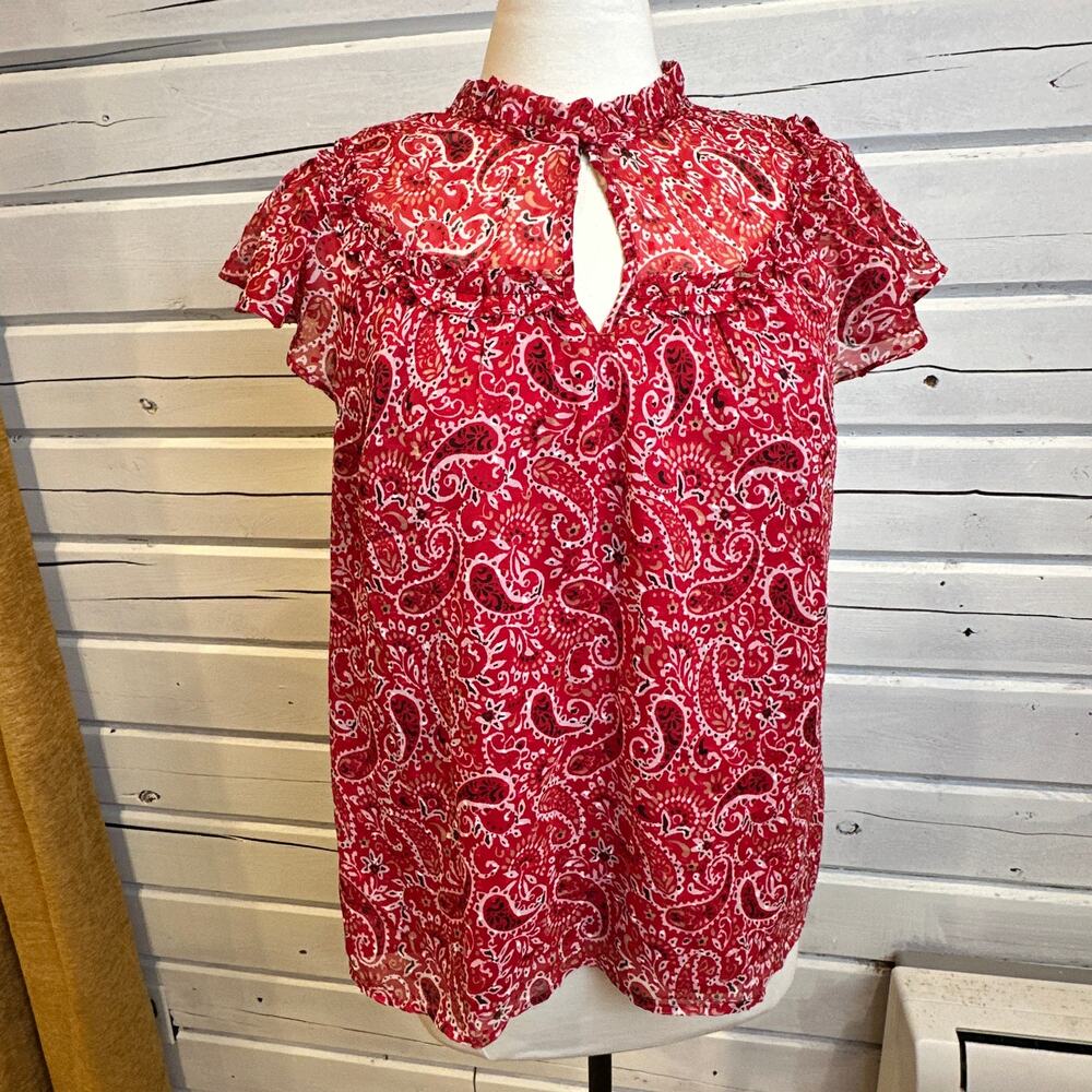 LOFT Red Paisley Ruffle Blouse Women’s L NWOT